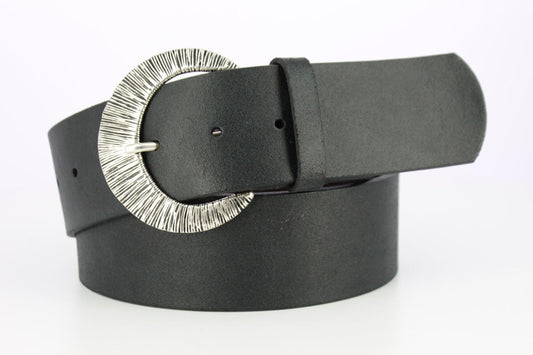 Equestrian Leather Belt - 2 Inch - Black With Decorative Buckle