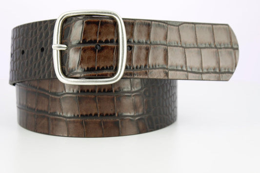 Equestrian Pressed Croc Leather Belt - 2 Inch- Brown