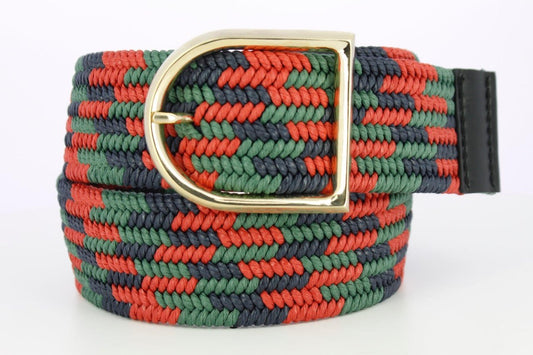 Equestrian Woven Cotton Stretch Belt - 2 Inch - Green, Navy & Red with Stirrup Buckle