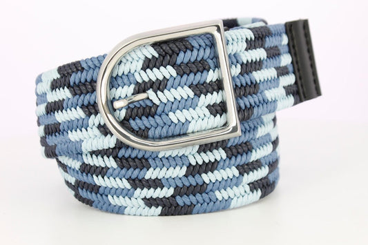 Equestrian Woven Cotton Stretch Belt - 2 Inch - Blue & Navy with Stirrup Buckle