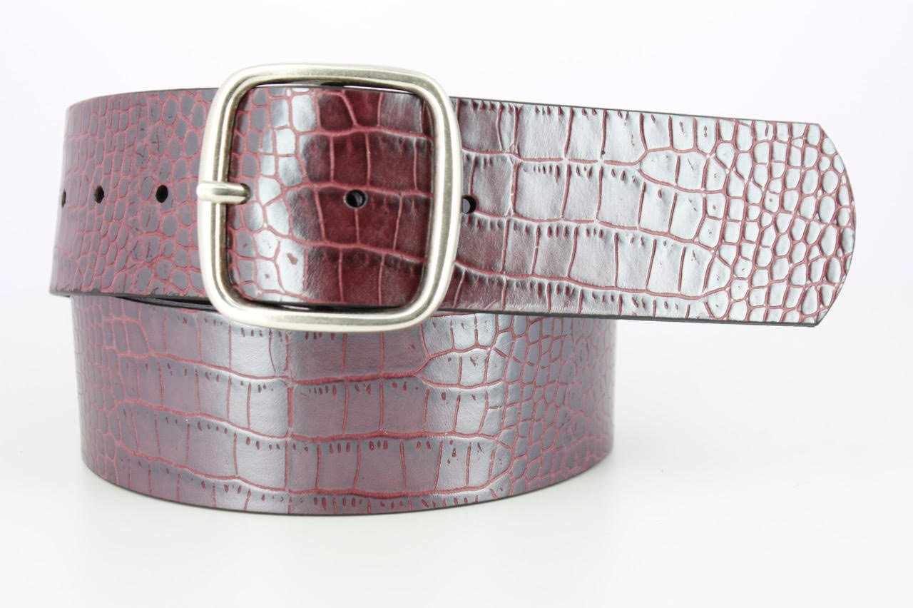 Equestrian Pressed Croc Leather Belt - 2 Inch - Black