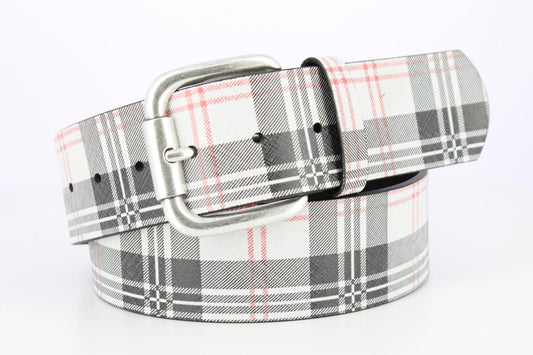 Equestrian Leather Belt Plaid Pattern 2 Inch- White