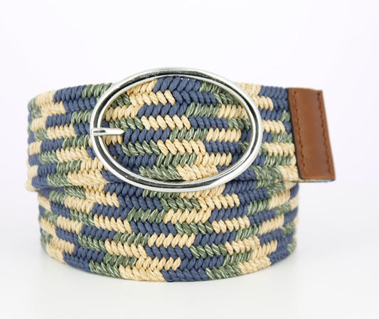 Equestrian Cotton Woven Stretch Belt - 2 Inch - Green, Yellow & Blue with Oval Buckle