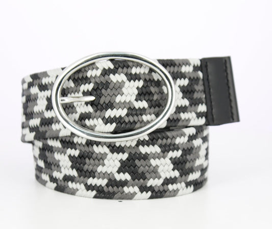 Equestrian Cotton Woven Stretch Belt - 2 Inch - Gray, Black & White with Oval Buckle
